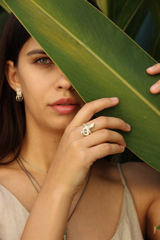 A silver ring featuring a brushed finish, handcrafted in the shape of a snake.