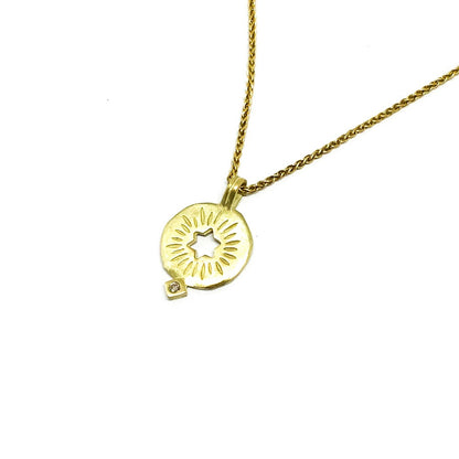 A golden rising star of david pendand on a chain