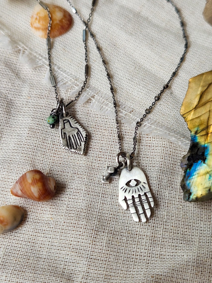 Silver Hamsa and turquoise stone Necklace
