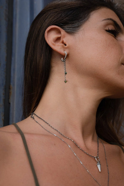 A pair of sterling silver oxidized and brushed finish earrings with turquoise drops and a chain design.