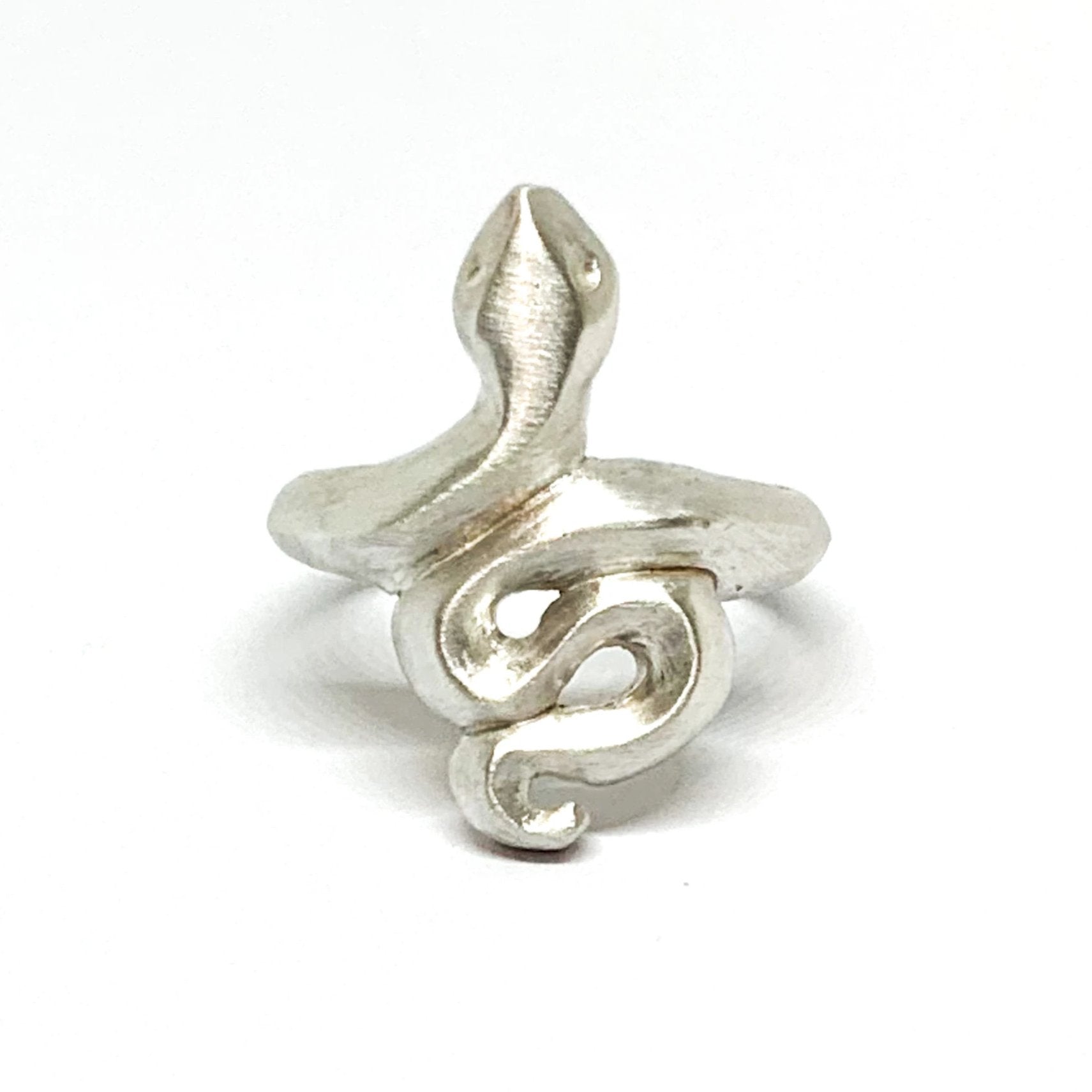 A silver ring featuring a brushed finish, handcrafted in the shape of a snake.
