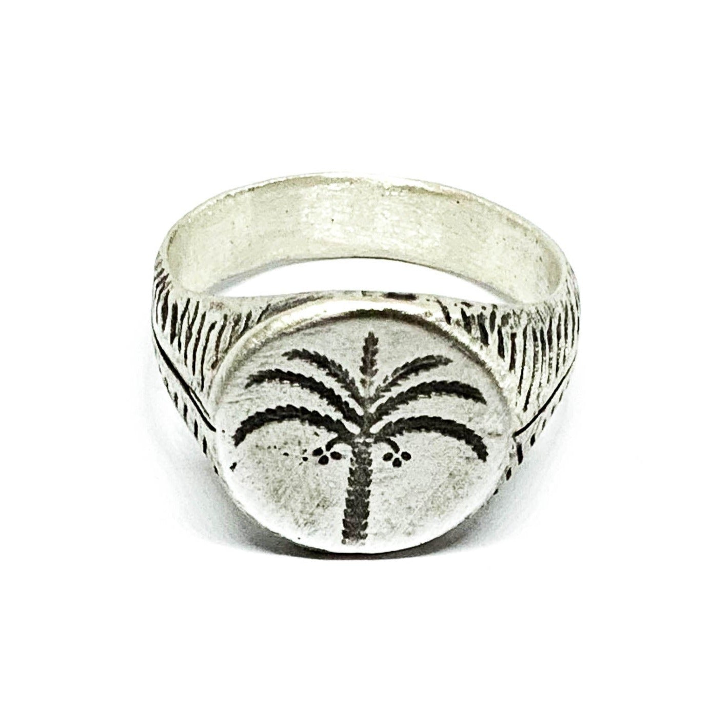 A silver ring with a brushed finish and a palm tree design on the top, signet-style.