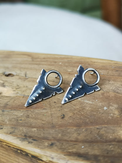 A pair of silver oxidized and brushed finish dotted path earrings