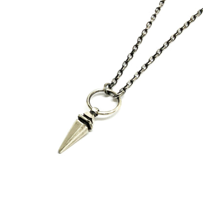 A sterling silver pendulum necklace with a brushed finish and a chain loop at the top.