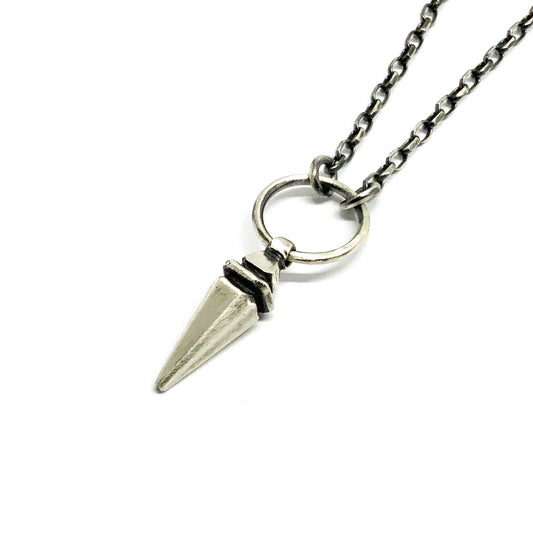 A sterling silver pendulum necklace with a brushed finish and a chain loop at the top.