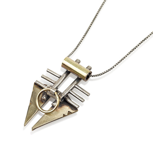 A silver and brass pendant necklace with a chain, featuring a warrior or praying mantis design.